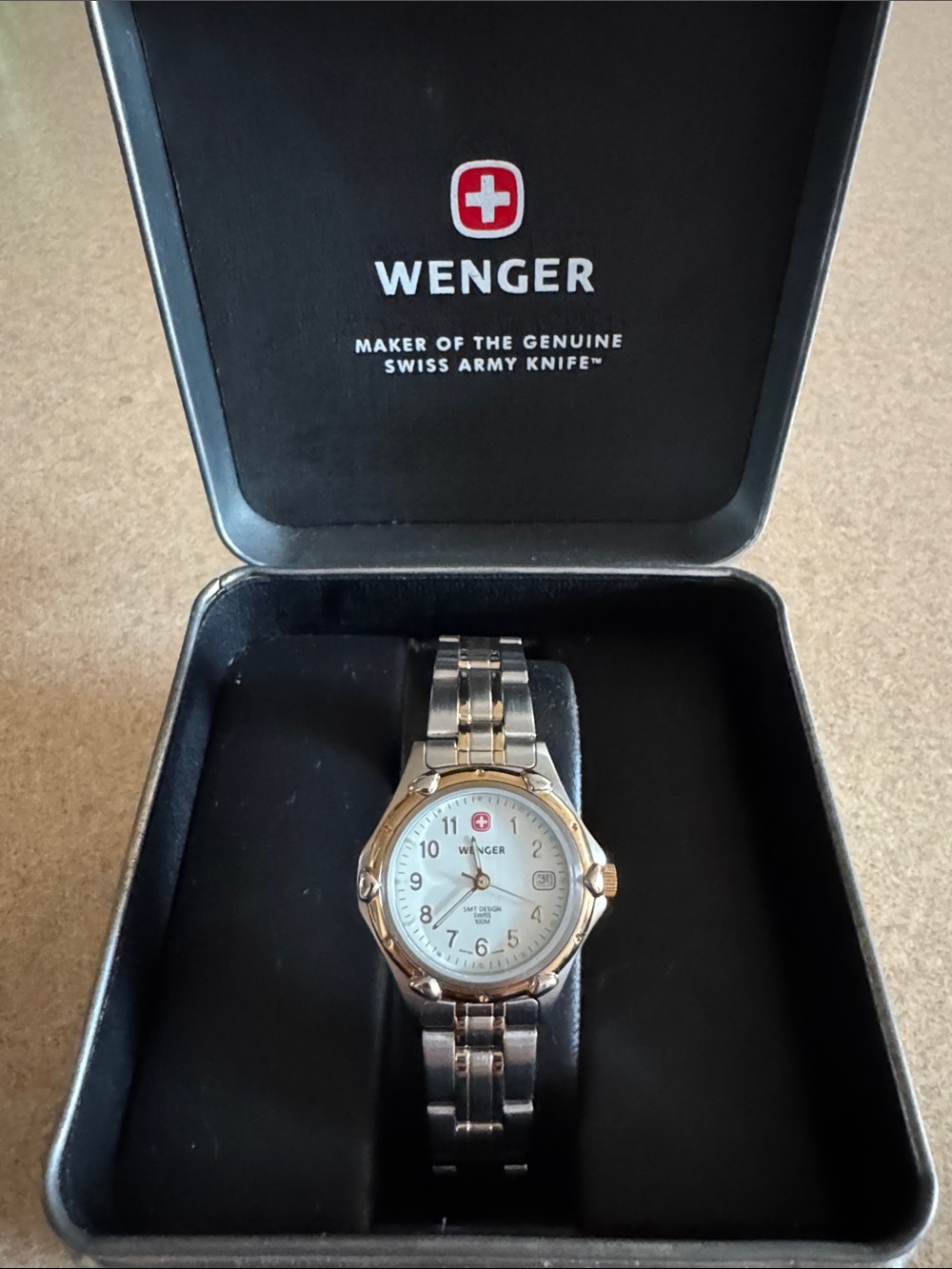Wenger Womens Two-Tone Silver and Gold Bracelet Watch Vintage. BNIOB Never Worn
